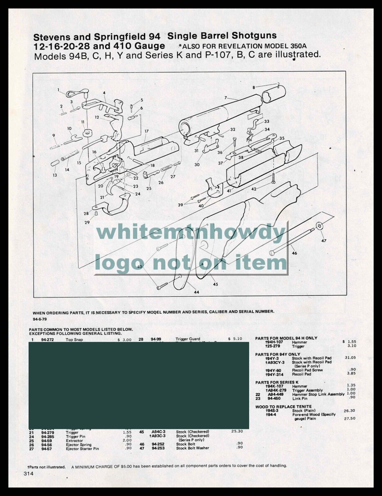 1984 STEV ENS and SPRINGFIELD 94 Single Barrel Shotguns  Schematic Parts List