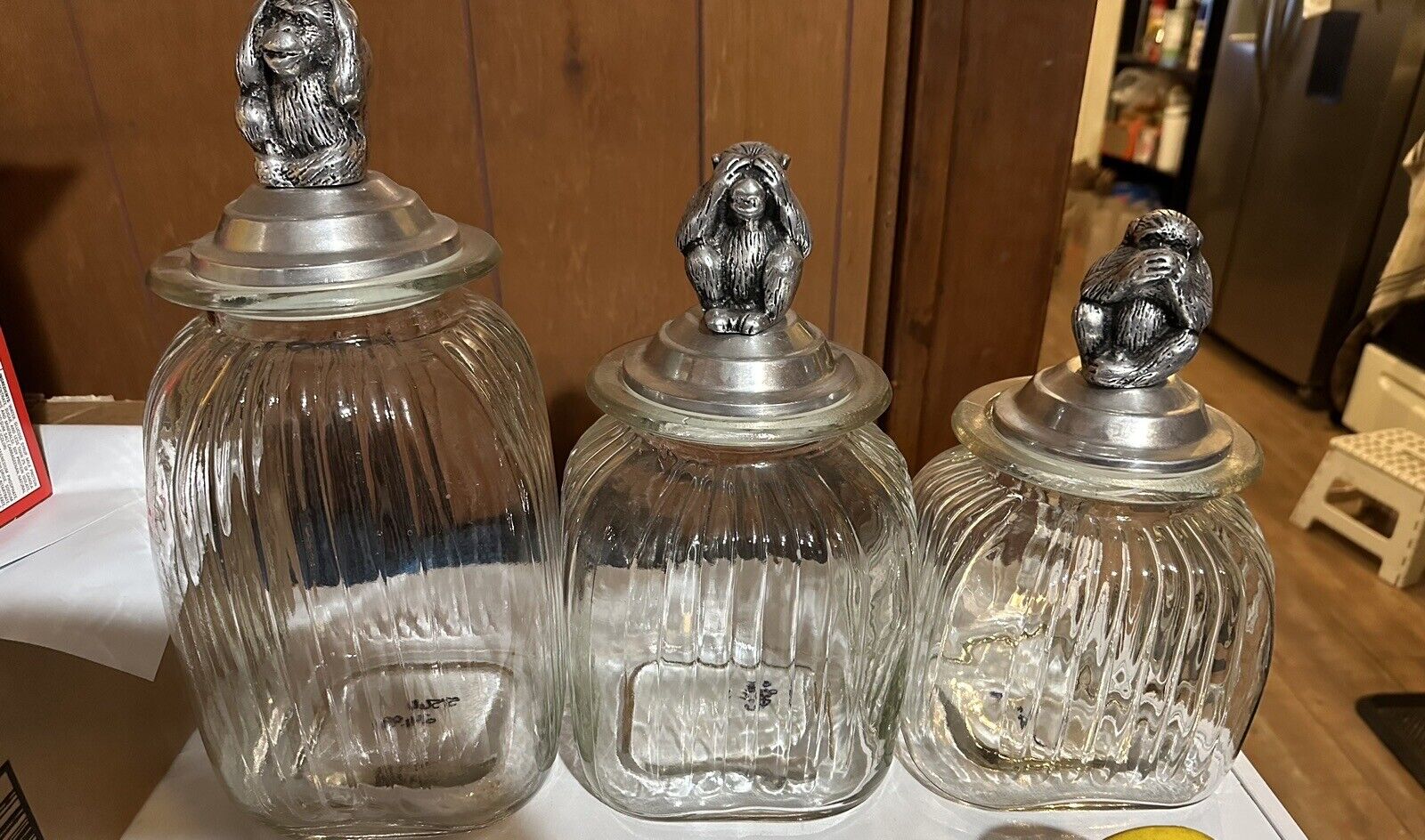 Vintage Evil monkey ribbed glass storage containers