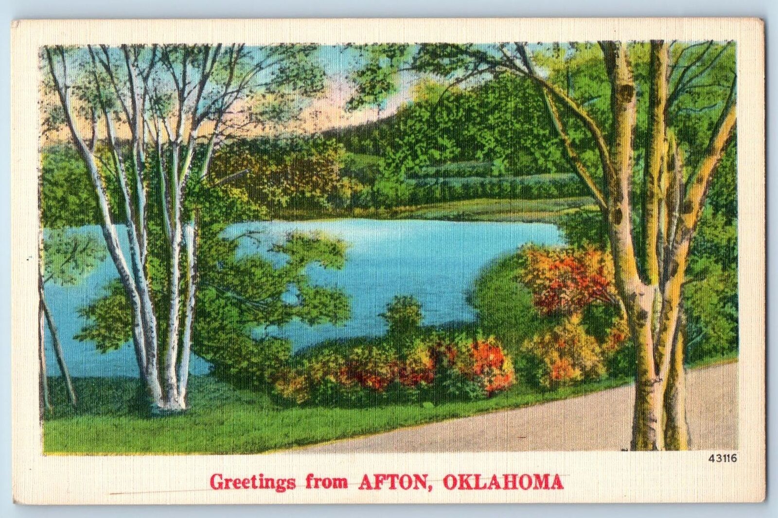 Afton Oklahoma OK Postcard Greetings Country Road Lake Trees Scenic View c1940s