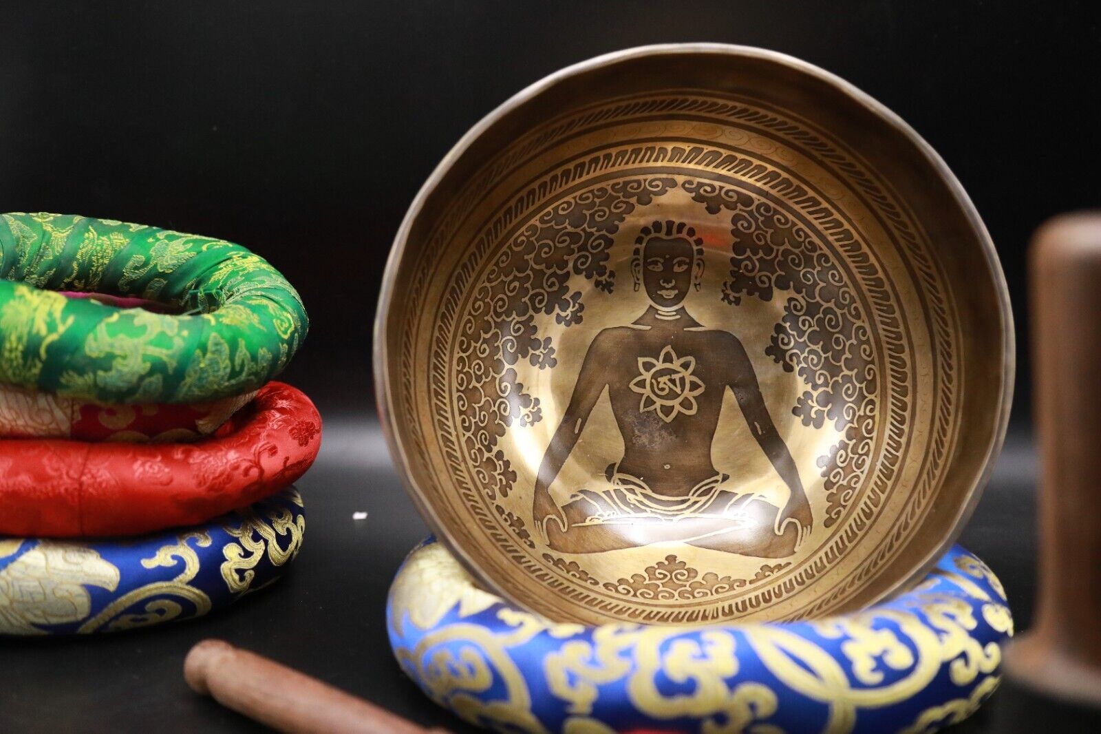 10-inch Superbly Carved Meditating Yogi with Tibetan Mantra Zen Singing Bowl