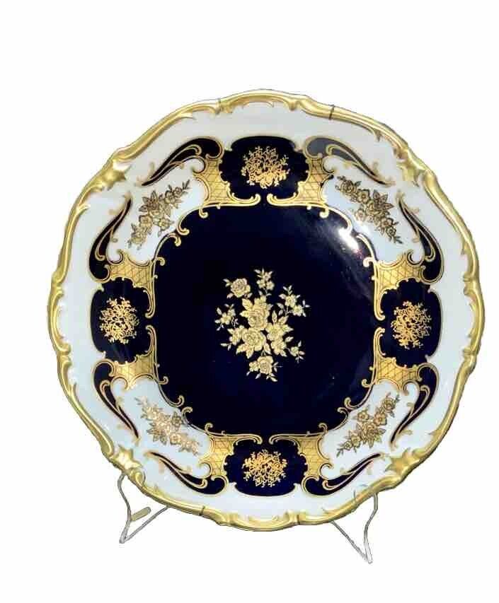 22k Gold Reichenbach Germany Baroque Style Porcelain Plate White Cobalt Blue