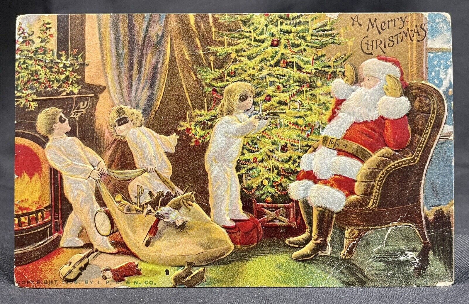 Antique MERRY CHRISTMAS | Mischievous Naughty Children Rob Santa | Embossed