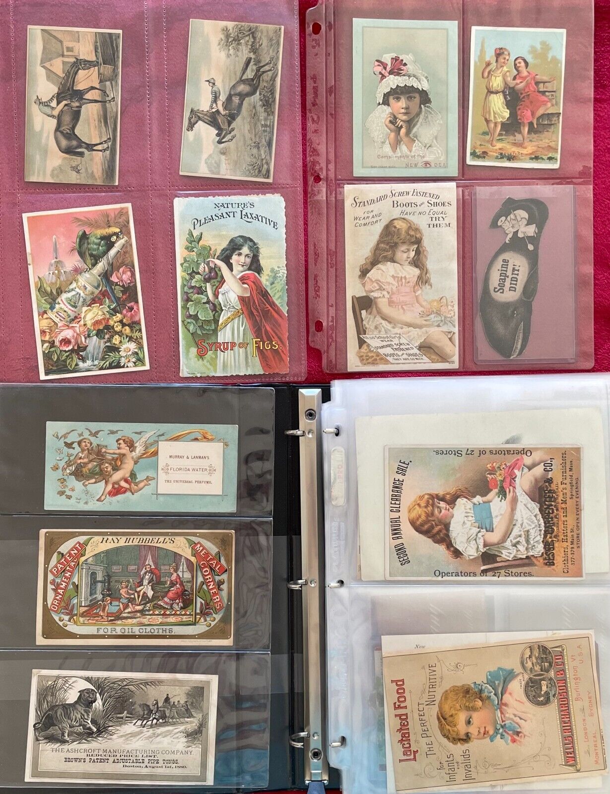 203 VICTORIAN TRADE CARDS IN INDIVIDUAL SLEEVES IN A BINDER -EXCELLENT CONDITION