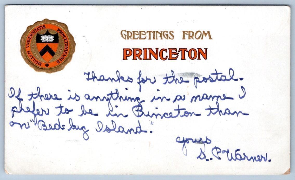 1906 GREETINGS FROM PRINCETON UNIVERSITY EMBOSSED SCHOOL SEAL ORANGE BLACK GOLD