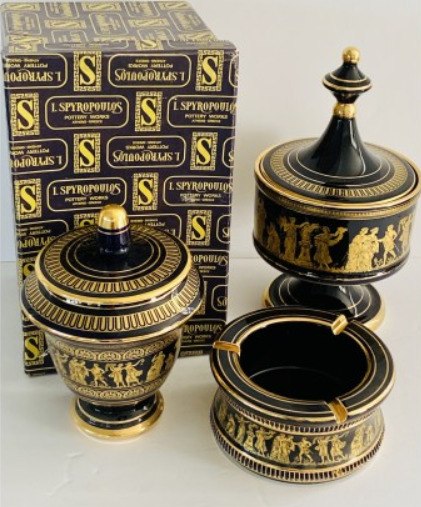 Spyropoulis 24K Gold Trim Black Hand Made Pottery (Athens Greece) - 3 Piece Set