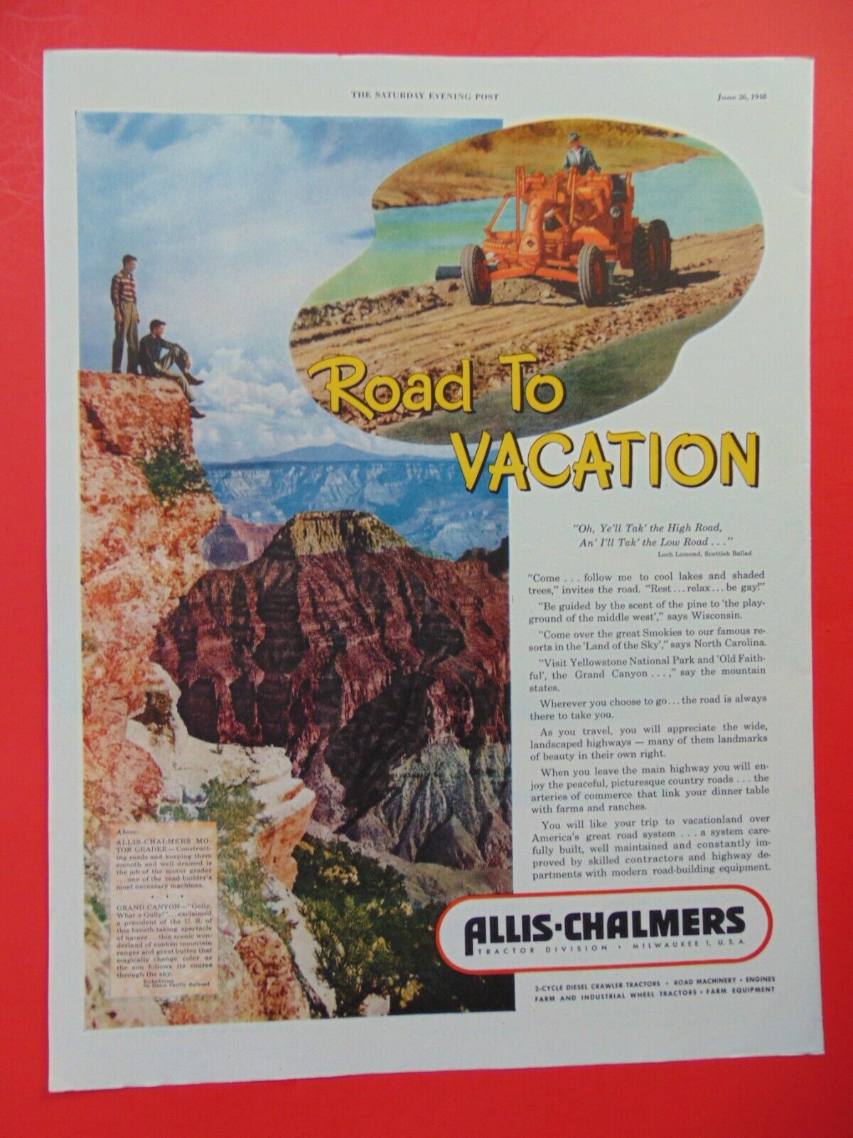 1948 ALLIS-CHALMERS Builds Road to Vacation print ad