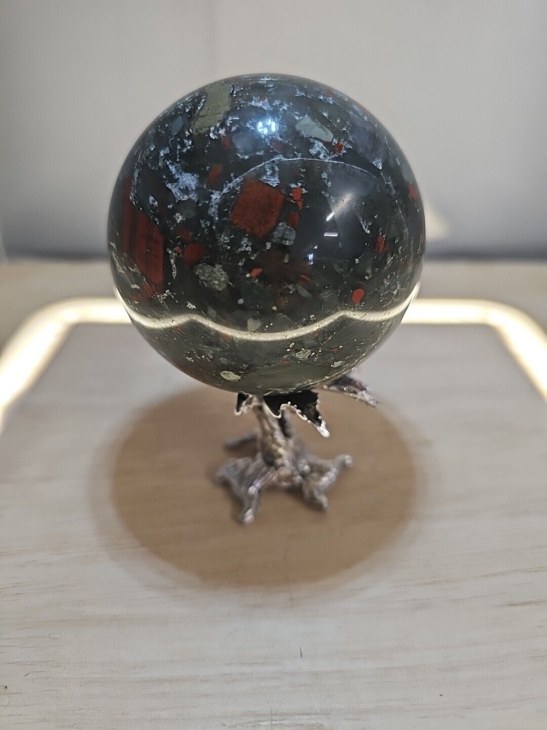 483g Natural Blood Stone Sphere Decoration Crystal Quartz  W/ Silver Stand