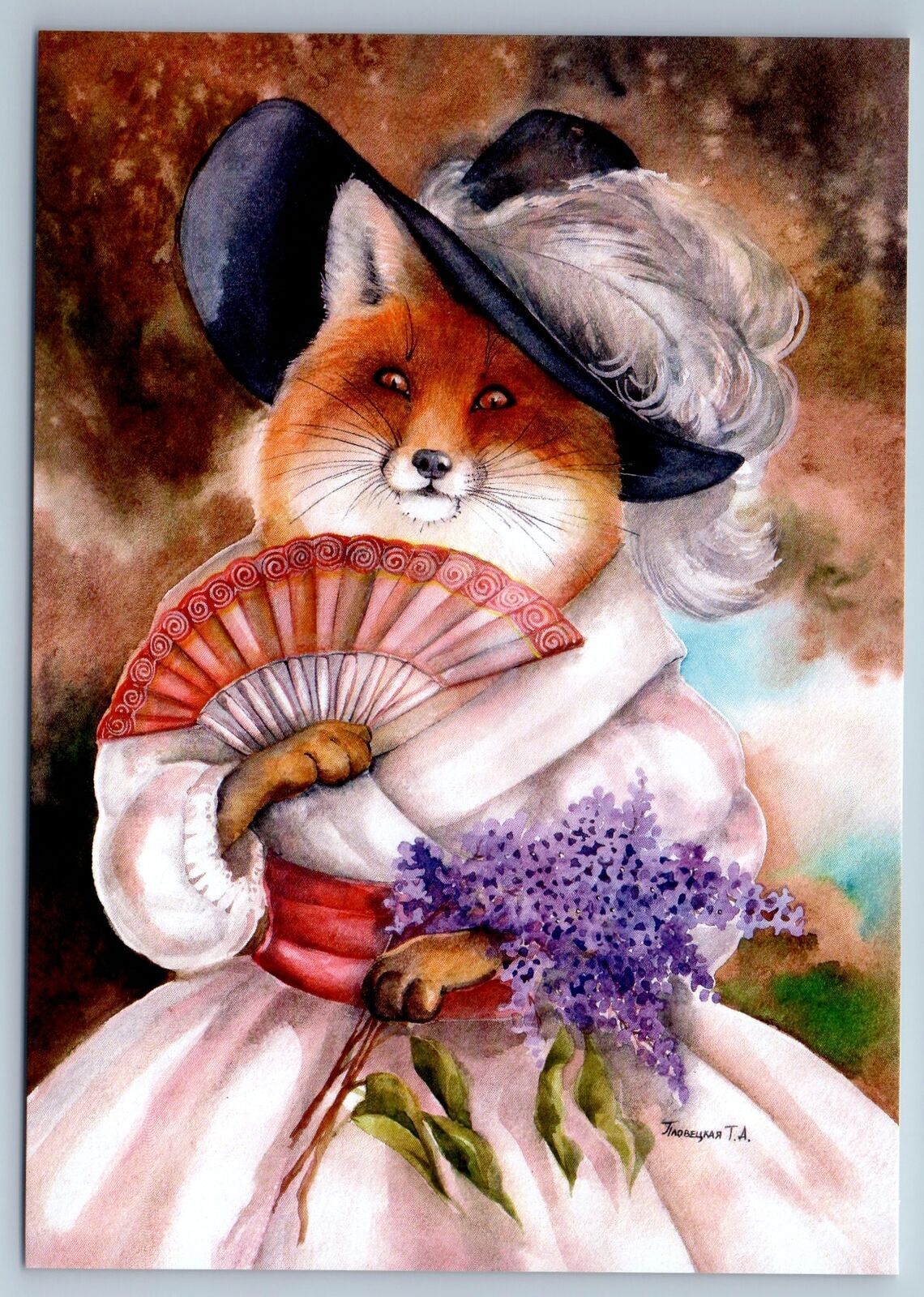 ANTHROPOMORPHIC RED FOX Lady with Fun in Beauty Hat New Unposted Postcard