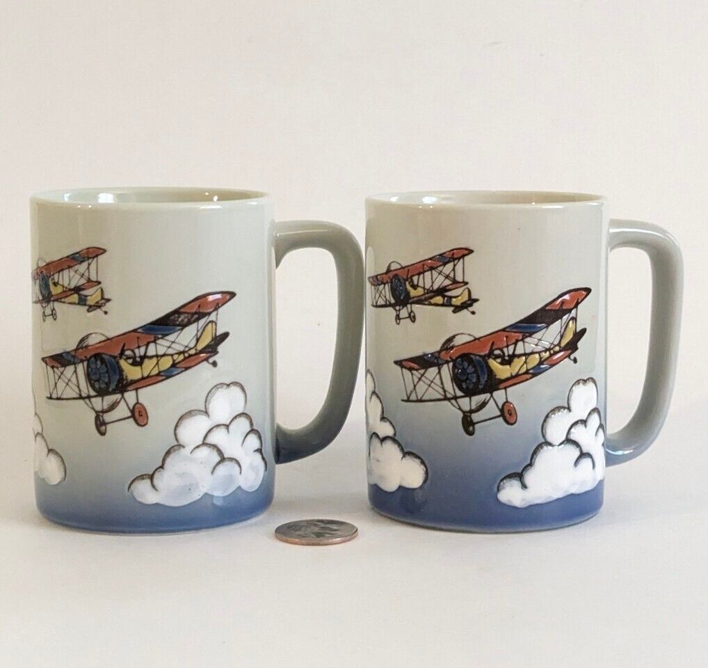 Set 2 Vintage Otagiri Japan Biplane Airplane Aviation Ceramic Mugs