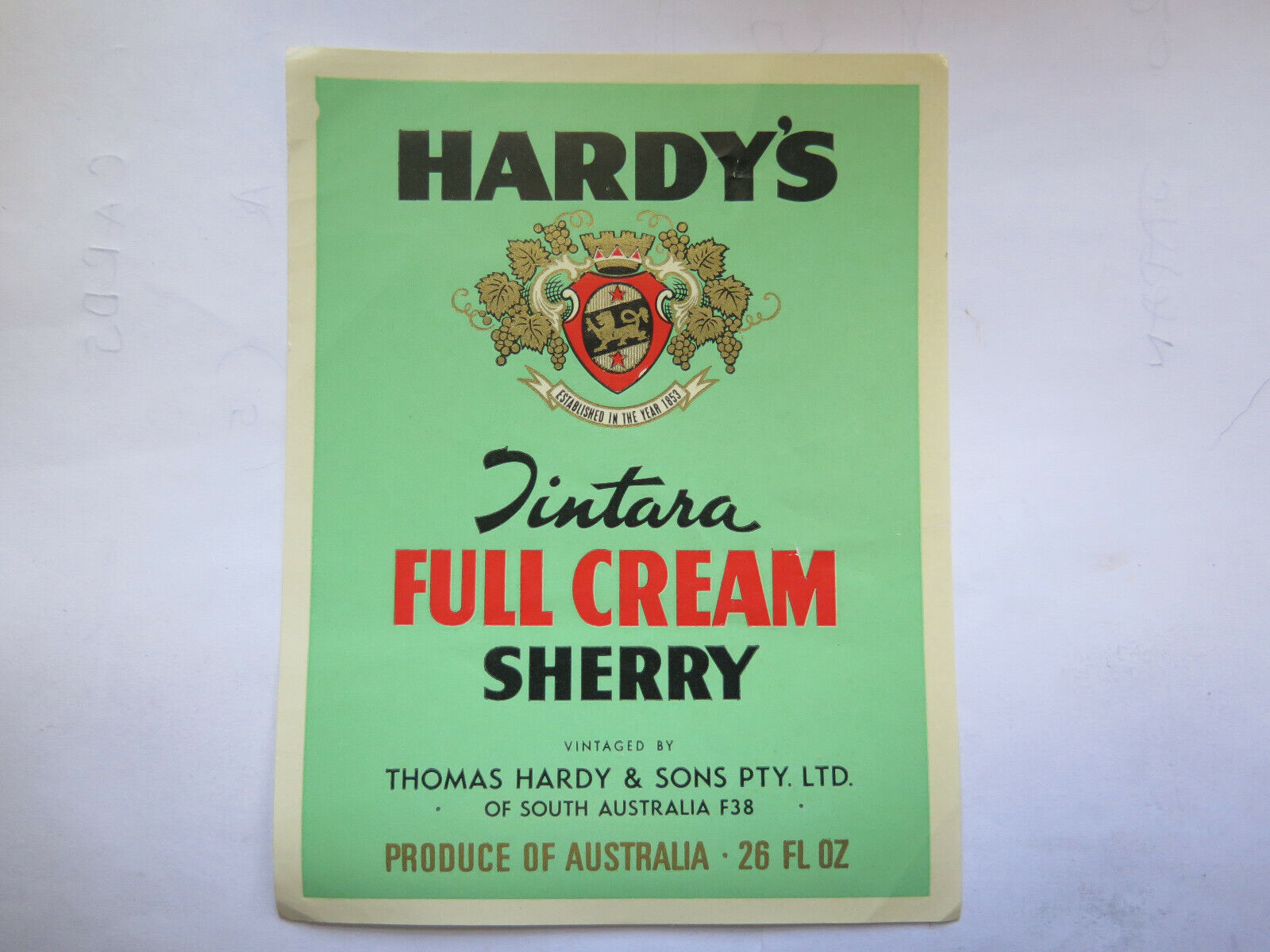 HARDY\'S TINTARA FULL CREAM SHERRY WINE UNUSED LABEL c1960s SOUTH AUSTRALIA