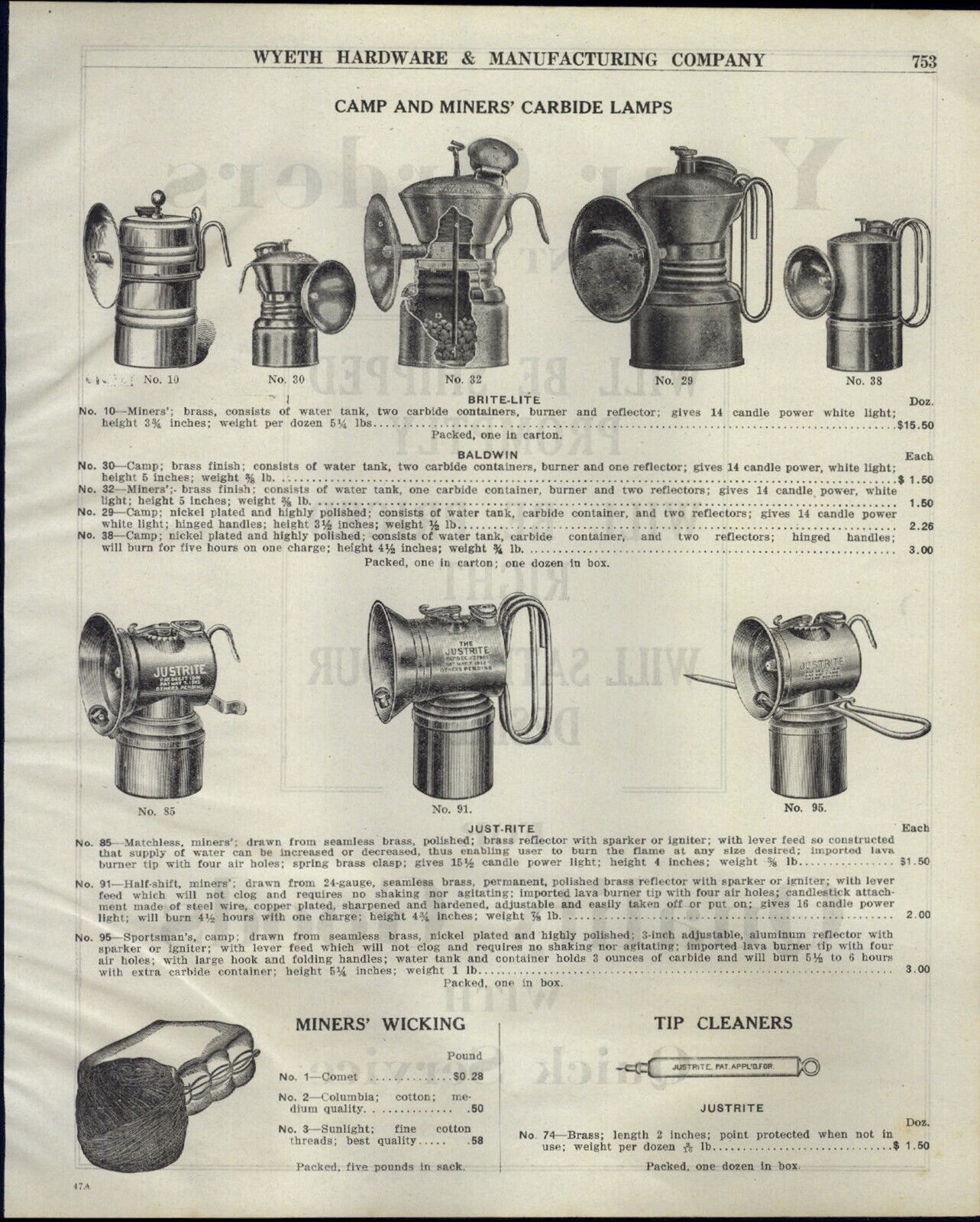 1914 PAPER AD Miners\' Carbide Lamp Brite Lite Baldwin Just Rite Candlestick 