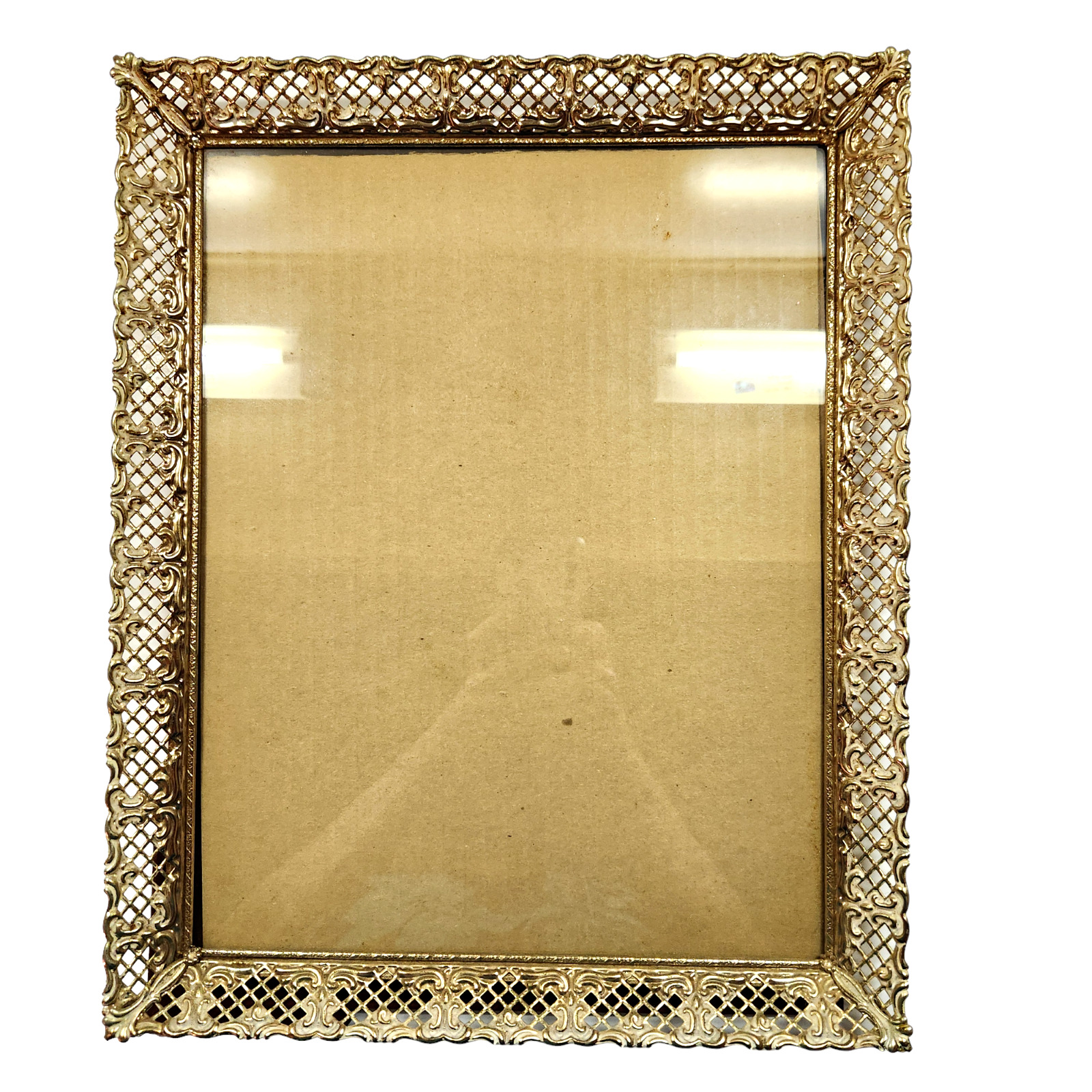 Vintage Floral Filigree Gold & Cream Metal 11x14 Photo Picture Frame Hang Stand