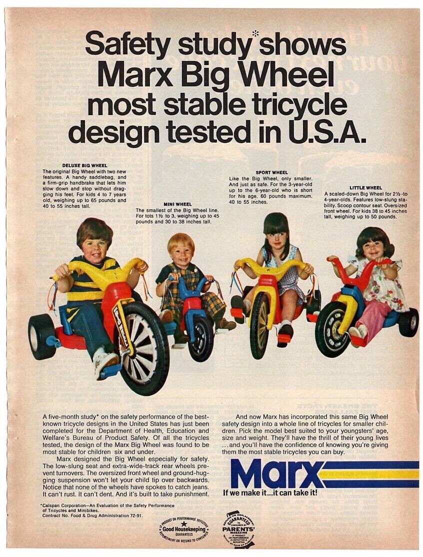 Vintage 1970s mag print ad MARX Big Wheel Safest Tricycle in USA nostalgic toy