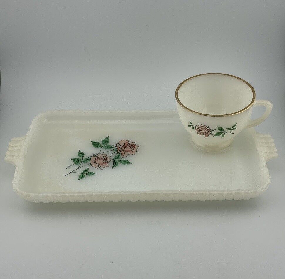 Anchor Hocking Rose Milk Glass W/ Gold Rimmed Teacup & Snack / Rolling Tray