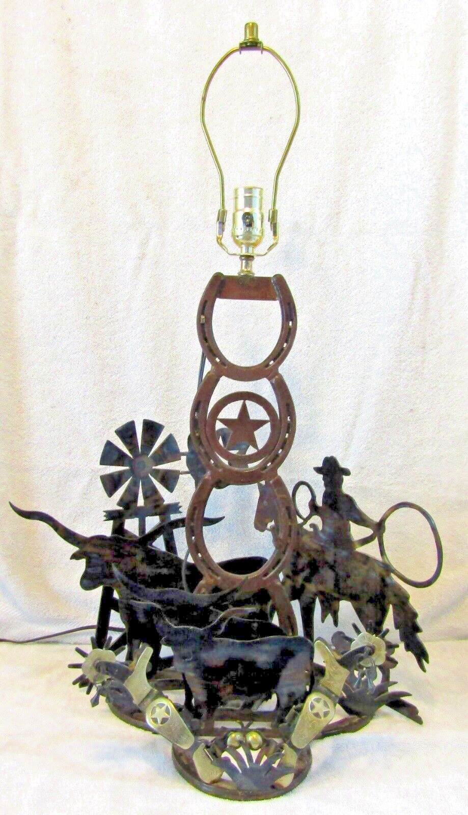 Rare St. Croix Forge Metal Sculpture Table Lamp Spurs, Horseshoes, Cowboy 