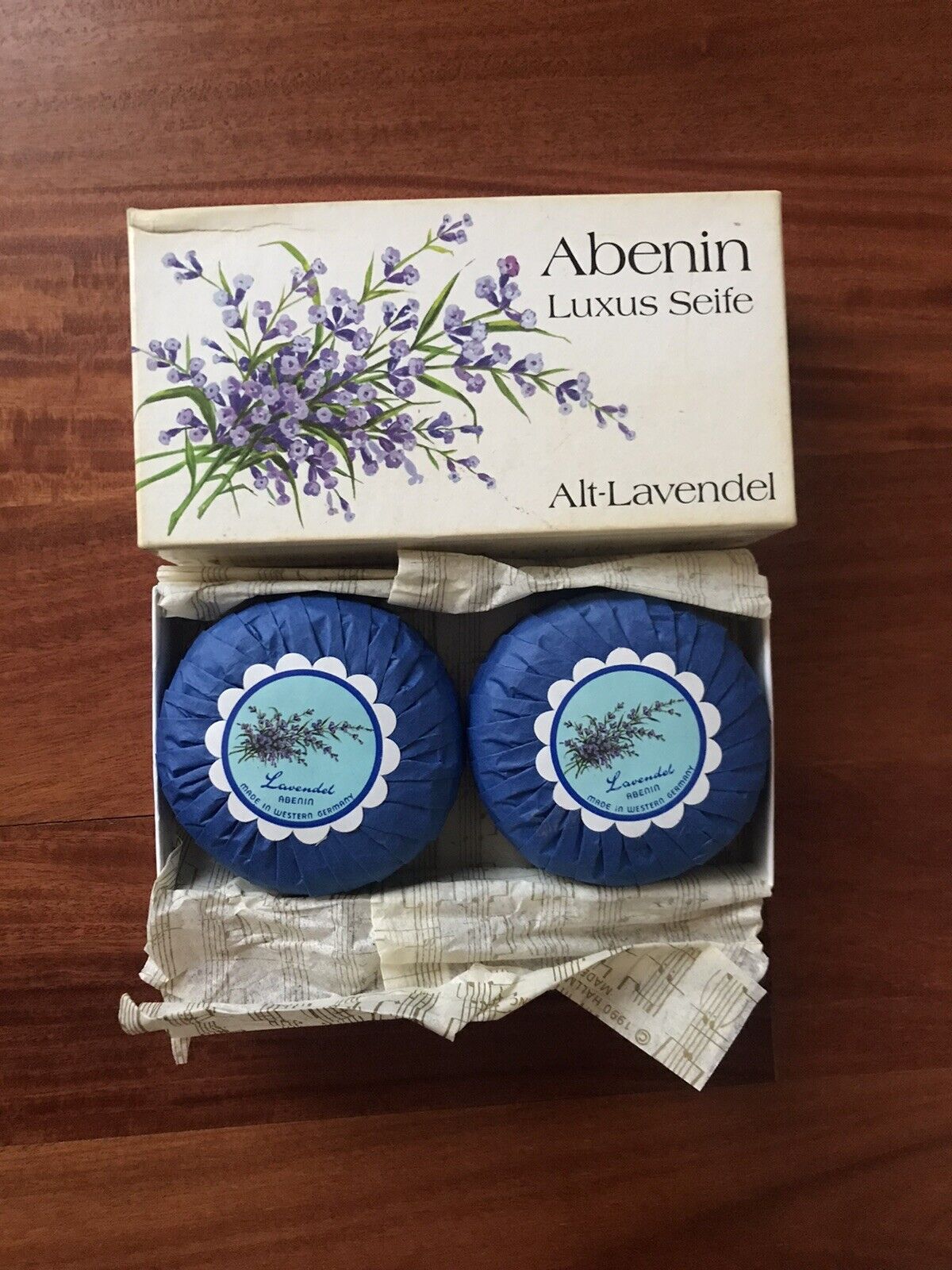 Vintage 1970s Abenin Luxus Seife-Alt Lavendel-Boxed Wrapped Luxury Bar Soap 