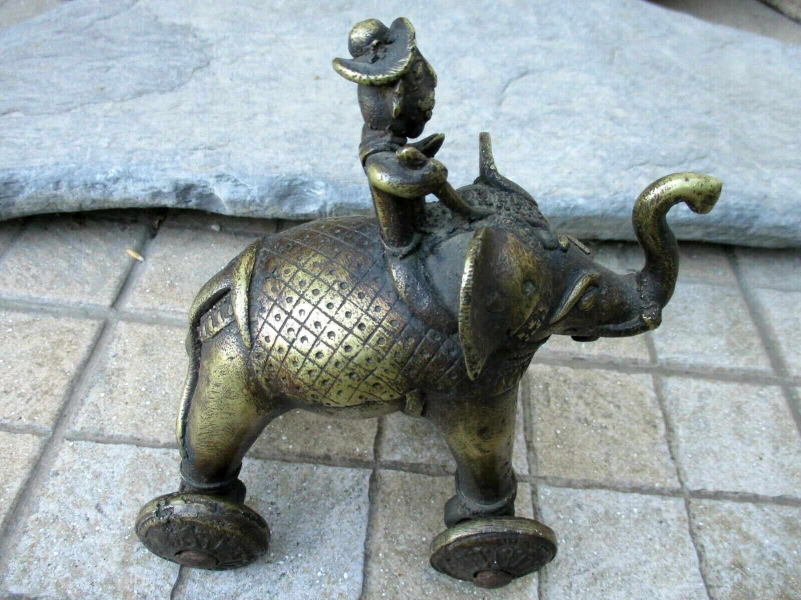 Antique Toy 18th Century Rare Solid Brass Elephant Statue Figurine With Wheels 