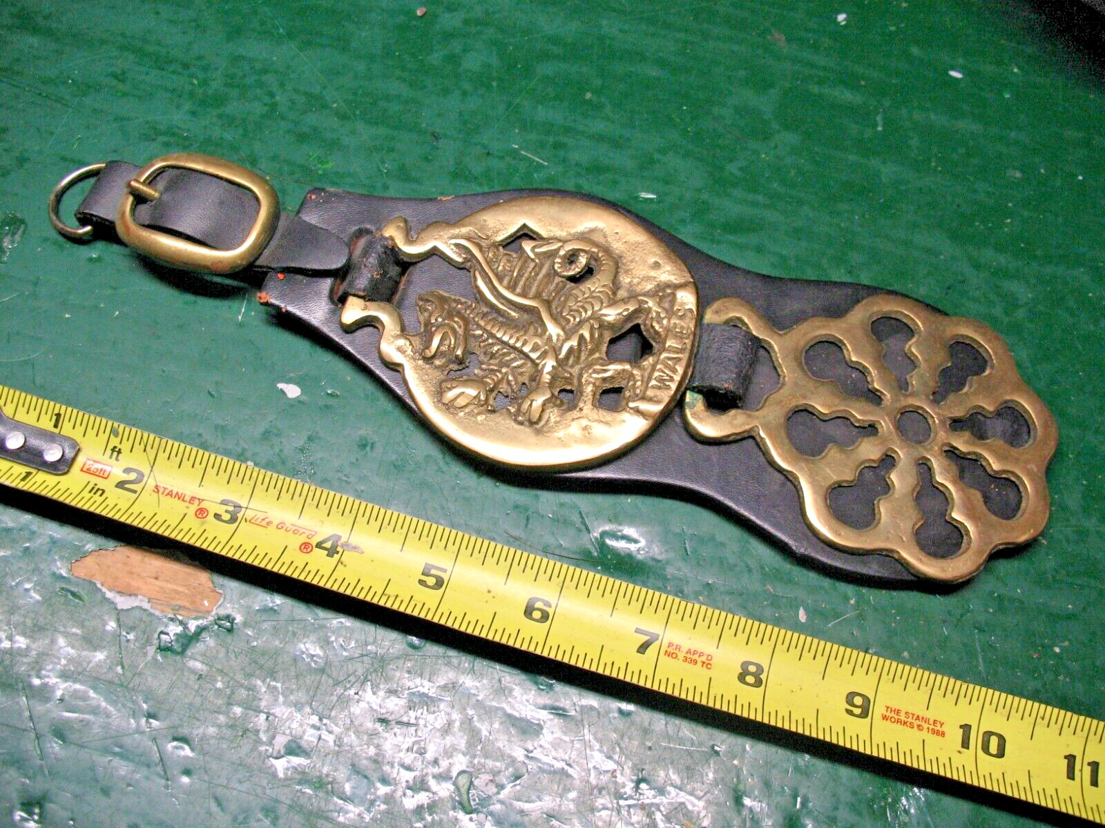 VINTAGE WALES BRASS DRAGON GRIFFIN EQUESTRIAN  LEATHER HARNESS MEDALLIONS