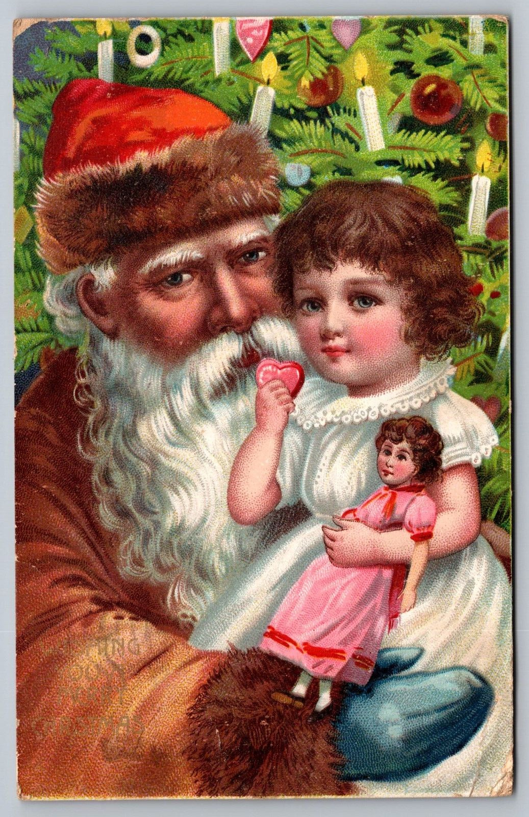 Santa w/ Little Girl & Victorian Doll c1909 Antique German Christmas Postcard