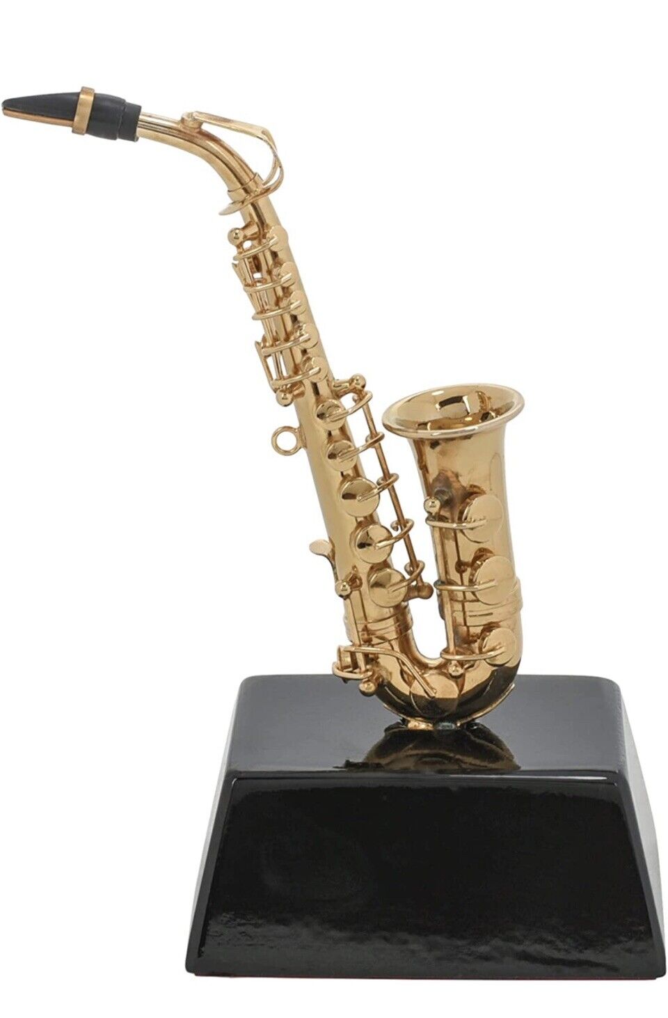 Gold Tone Saxophone 6” Brass & Wood Table Top Decor On Stand Broadway Gift Co