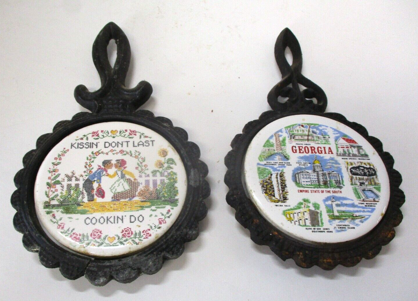 Two Vintage Metal Trivet with Deco Ceramic Tiles .. Georgia and Novelty