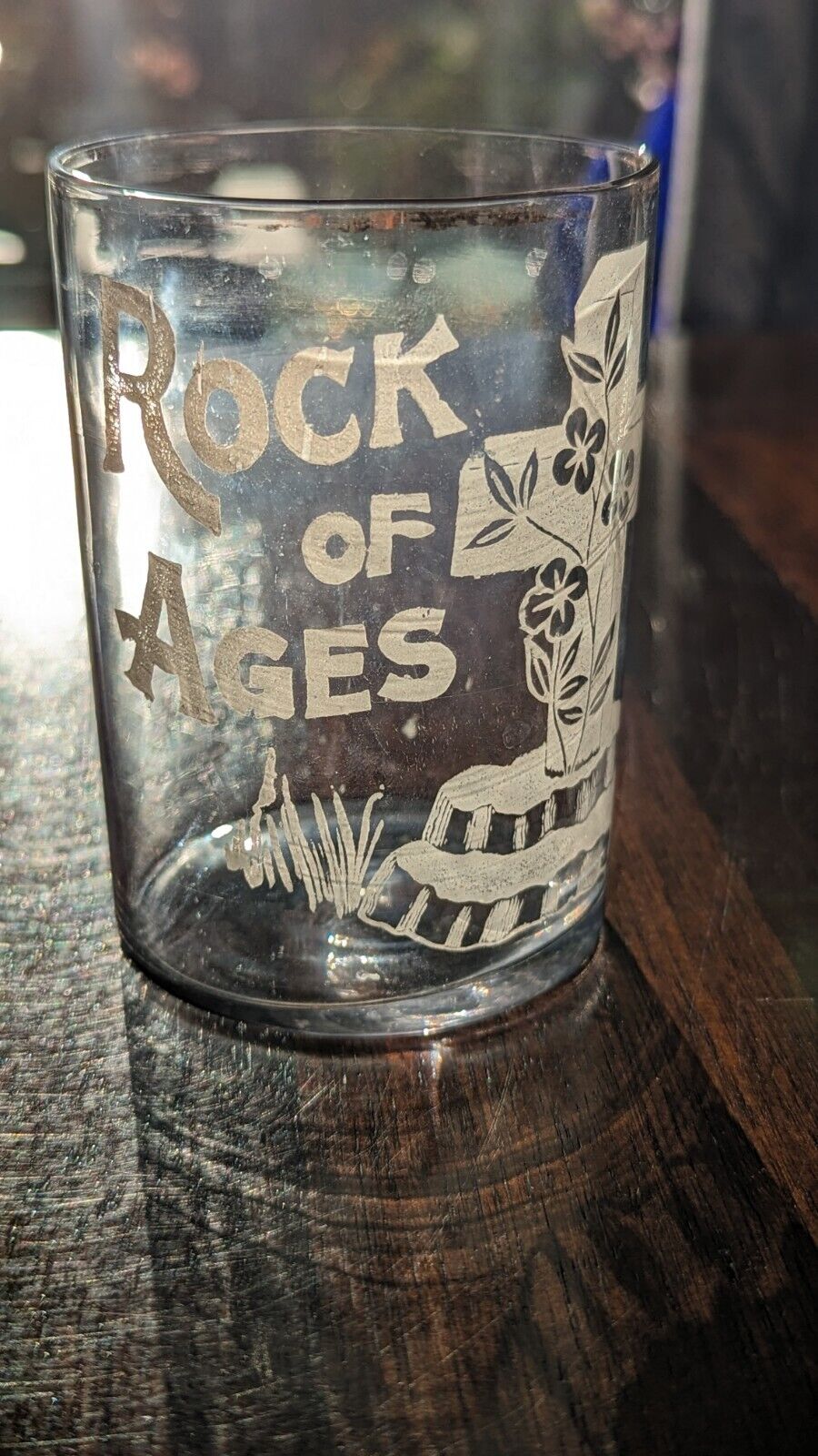 Vintage Rock of Ages Religous Bible Cross Floral Drinking   Etched Glass Collect