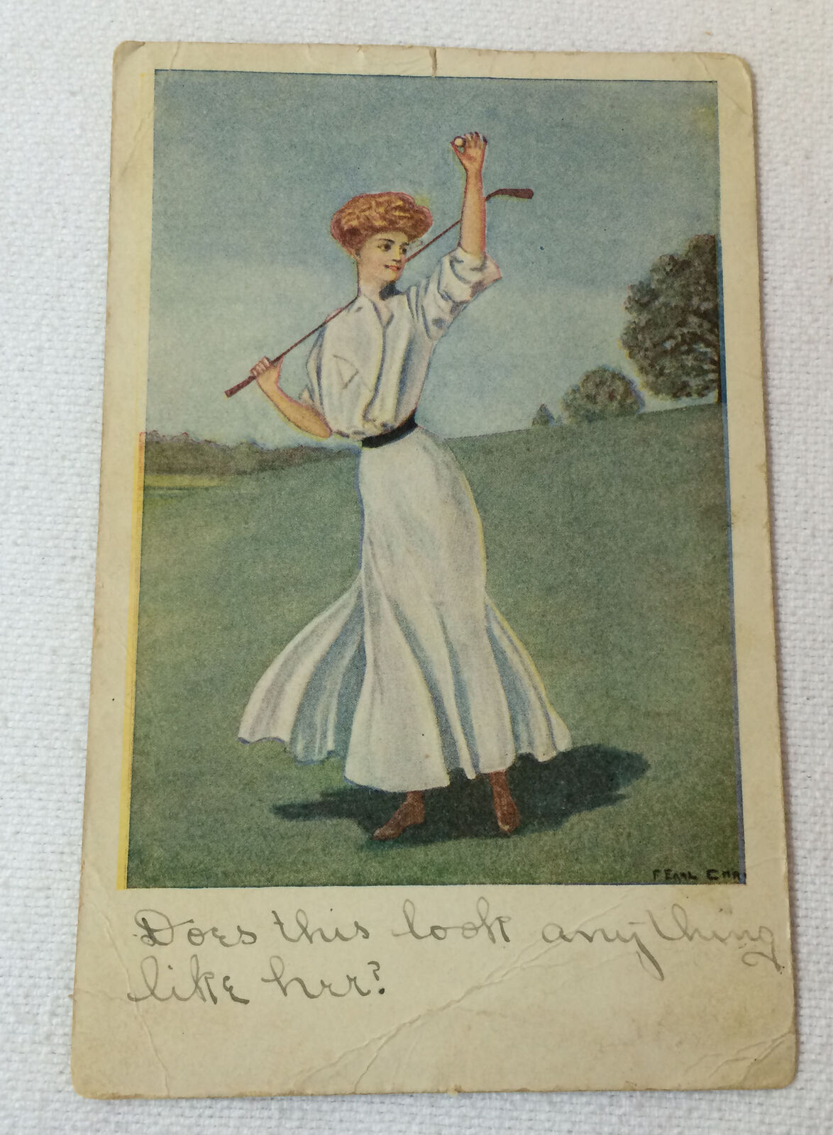 antique 1908 golf postcard ~ FEMALE GOLFER