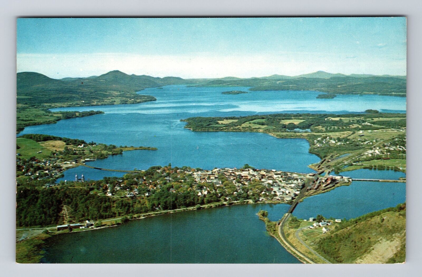 Newport VT-Vermont, Aerial Lake Memphremagog, Clyde River Vintage Postcard