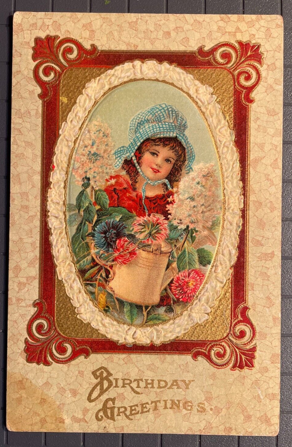 Vintage Victorian Postcard 1929 Birthday Greetings - Girl with Watering Can