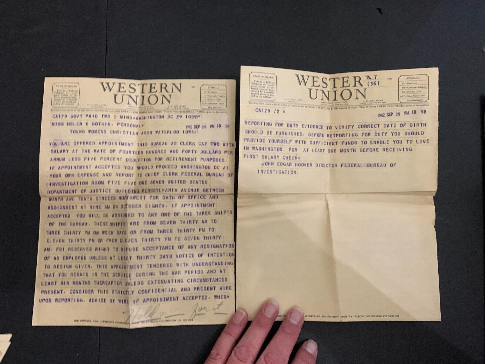 1942 FBI Telegram From J. Edgar Hoover to Miss Helen E. Botkin 2 Pages