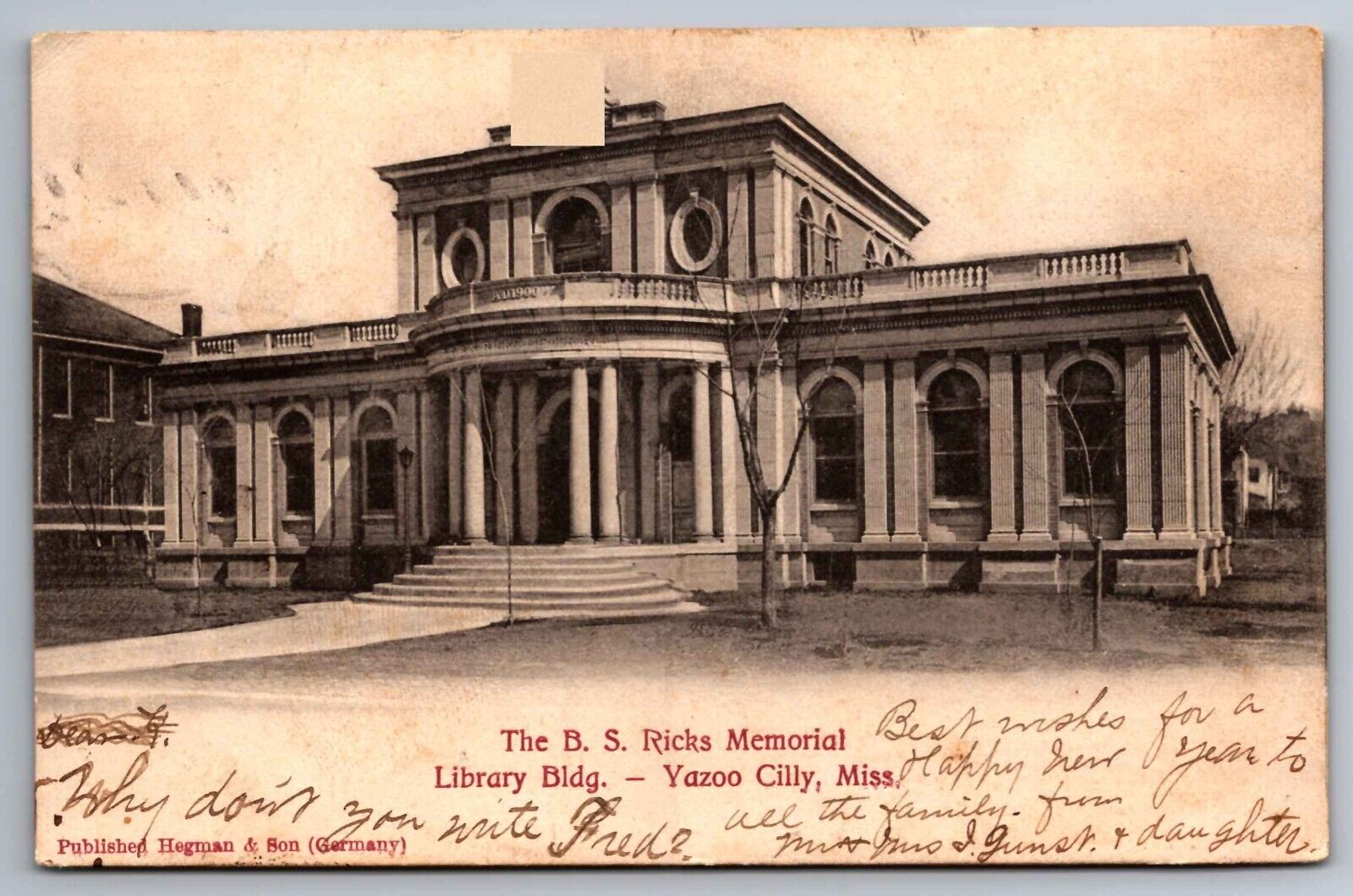 Postcard B.S. Ricks Memorial Library Building Yazoo City Mississippi    F 11