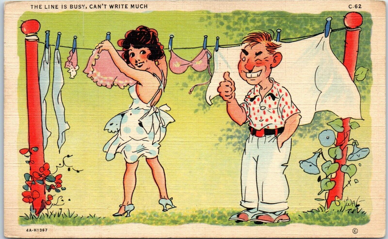 c1940s Linen Postcard Humor The Line Is Busy US Army Soldier Mail Warren Wyoming