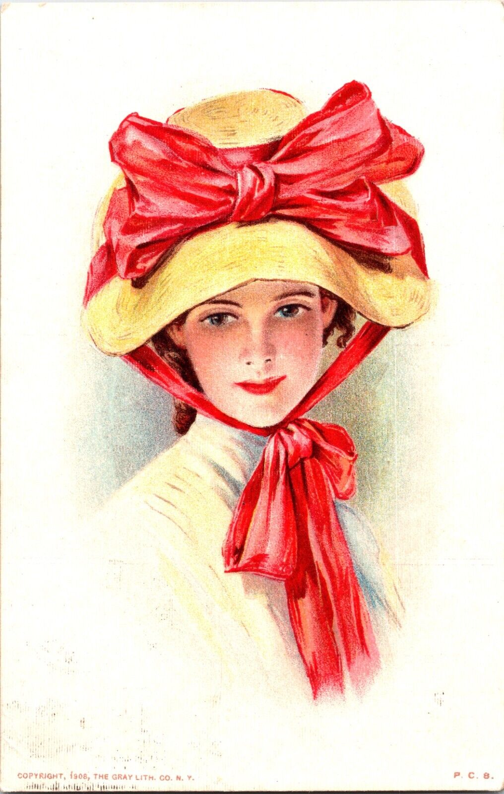 Textured Postcard Beautiful Young Woman-Large Period Yellow Hat Large Red Ribbon