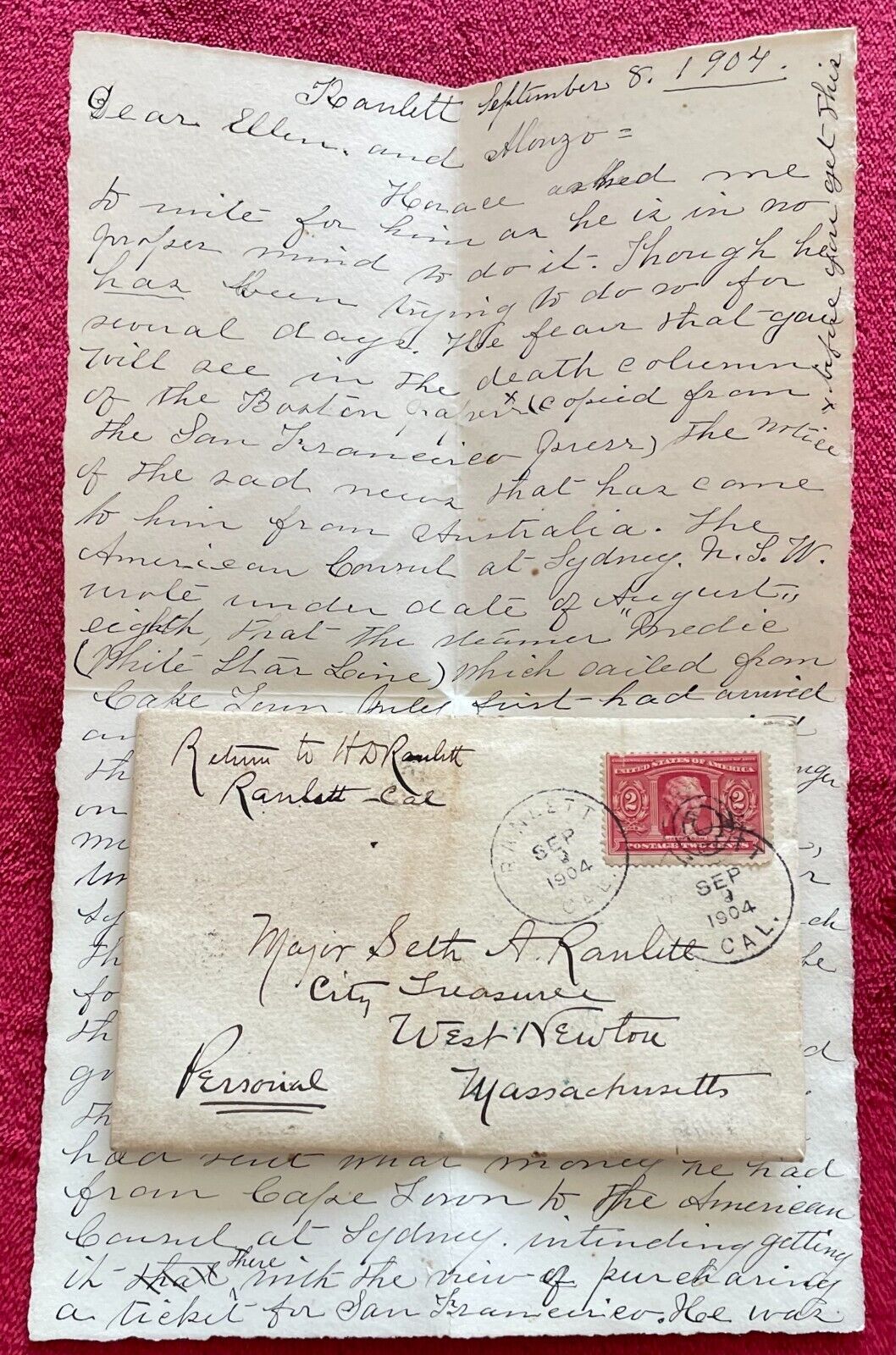 1904 LETTER TO SETH A. RANLETT-NEPHEW CHARLES MYSTERIOUS SHIPBOARD DISAPPEARANCE
