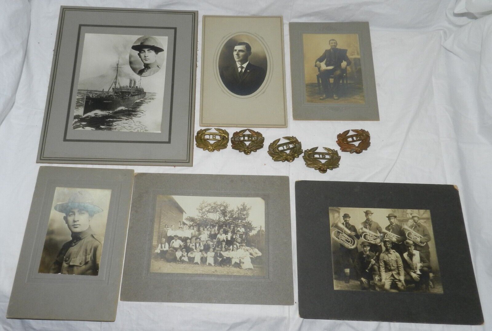 Lot of 6 Cabinet Cards - some Military related + 6 Band Regiment Hat Badges