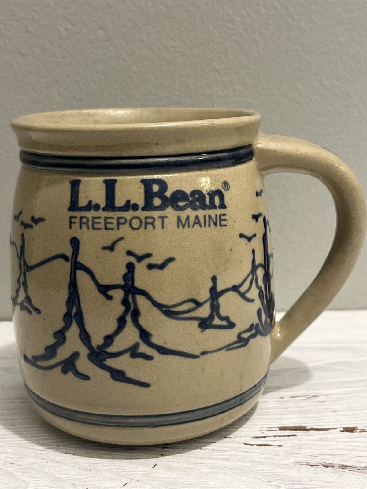 Vintage L.L. Bean Ceramic Mug Salt Glaze Rustic 1980s tan blue trees