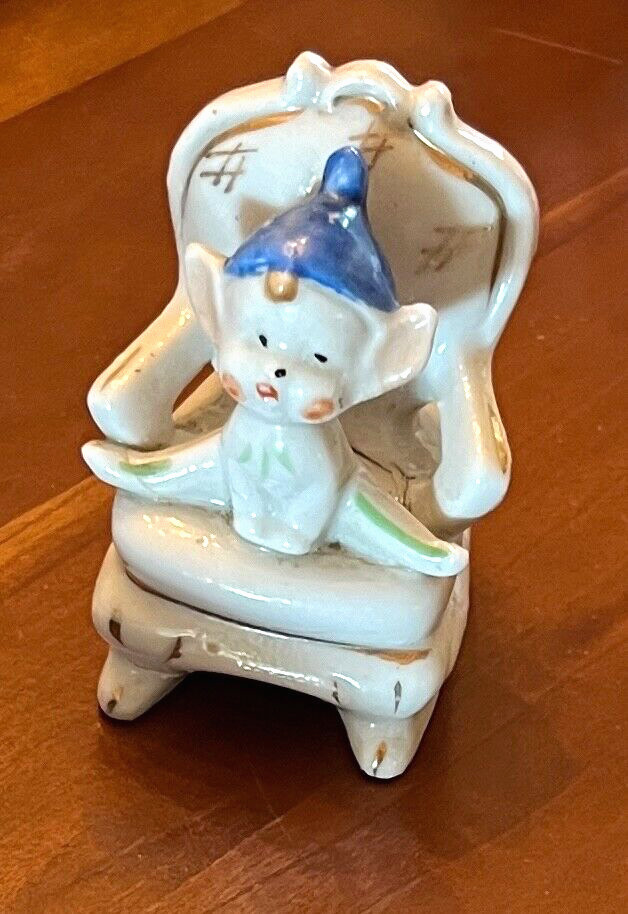 IMPERFECT CHEAP Vintage Elf Pixie Japan Blue Hat on Throne Chair Ceramic Seated