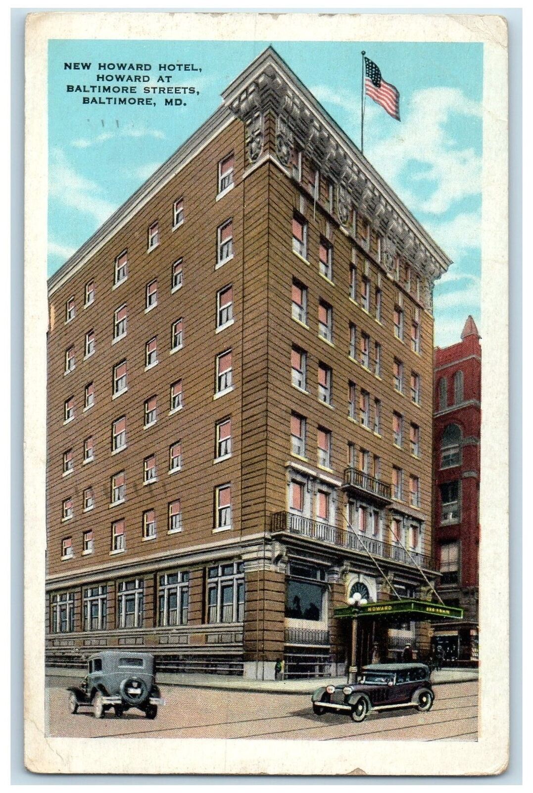 1939 New Howard Hotel View Baltimore Streets Baltimore Maryland MD Cars Postcard