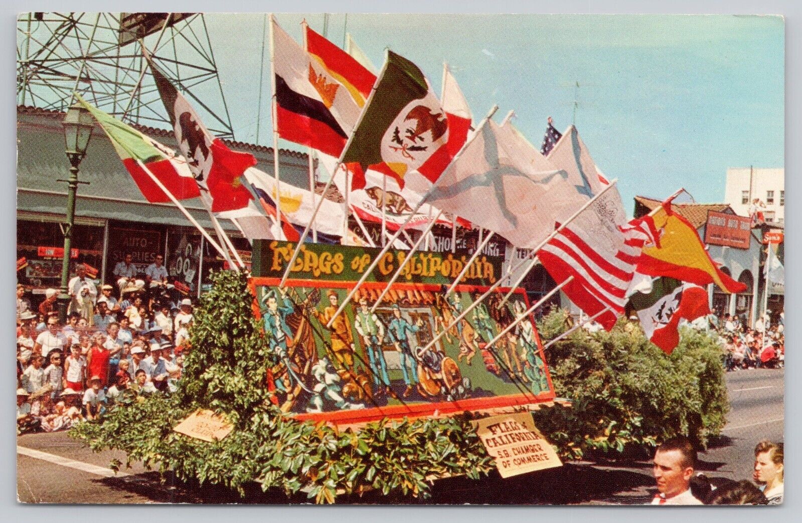 Santa Barbara CA, Flags of California Parade Float Fiesta Time, Vintage Postcard