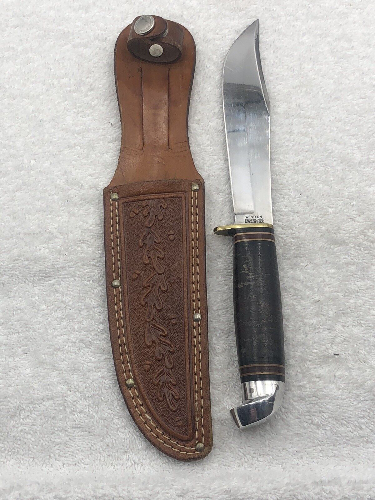 Vintage Western Stacked Leather Fixed Blade With Sheath Made In Boulder Co USA