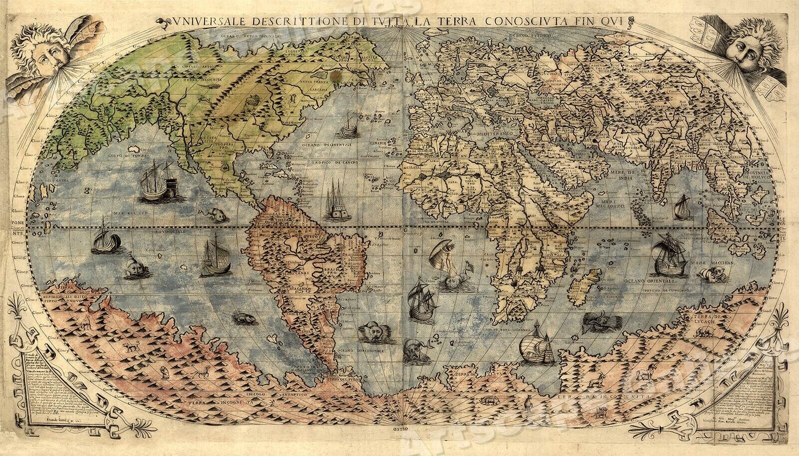1565 Historic Large World Map Decorative Print - 14x24