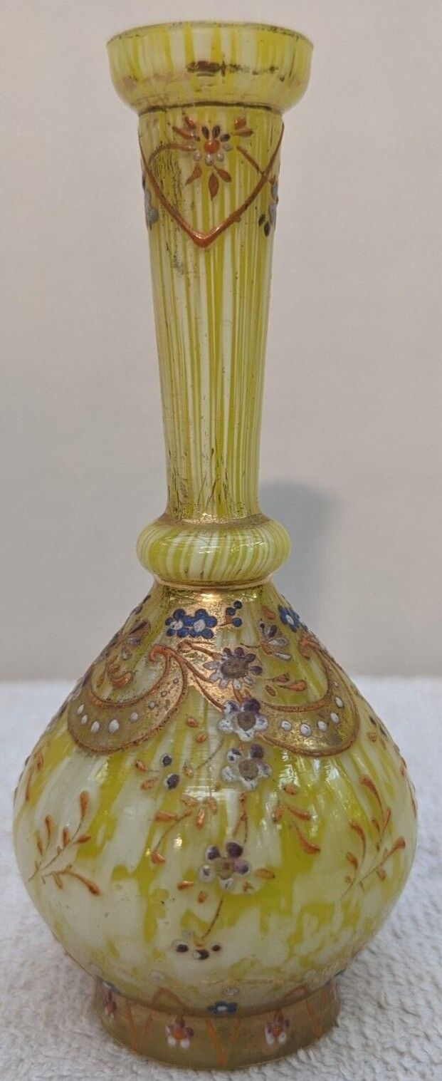 Franz Welz Czech/Bohemian Handmade Hand Painted Yellow/White Art Glass Vase