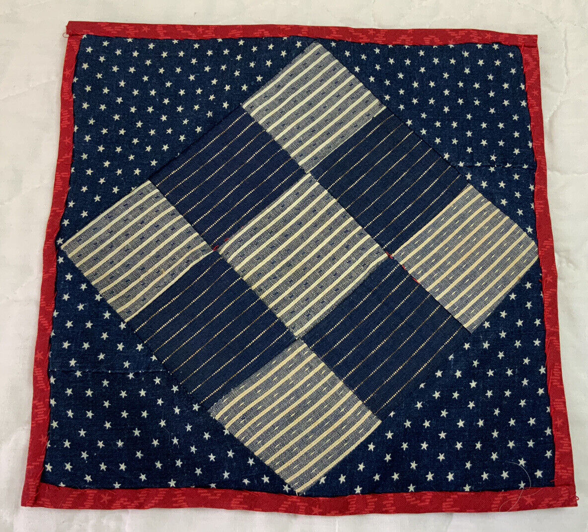 Vintage Patchwork Quilt Table Topper, Early Calico Prints, Nine Patch, Navy