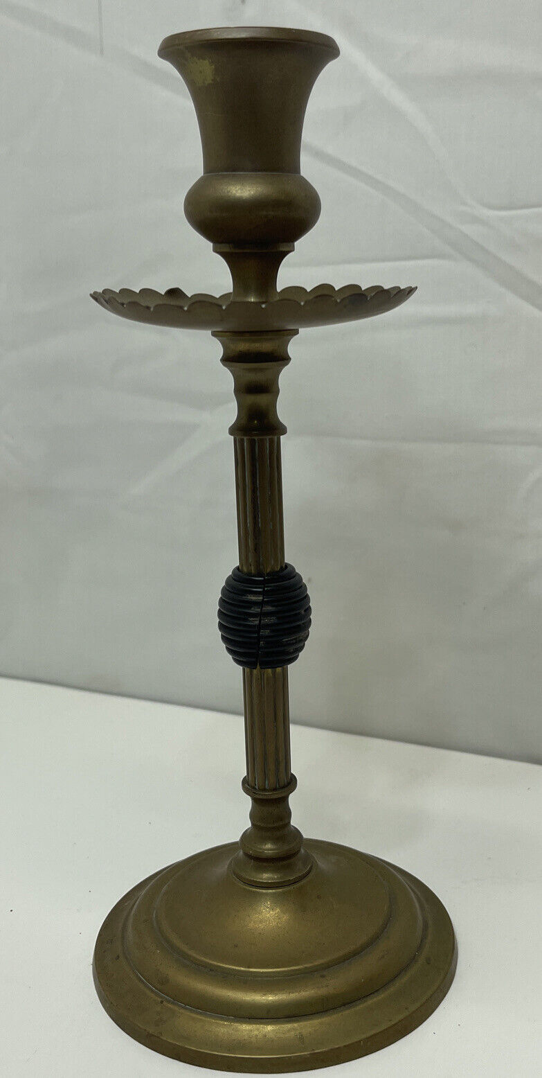 VINTAGE SOLID BRASS CANDLE HOLDER 8.5”TALL With Wax Catcher Fluted Column￼