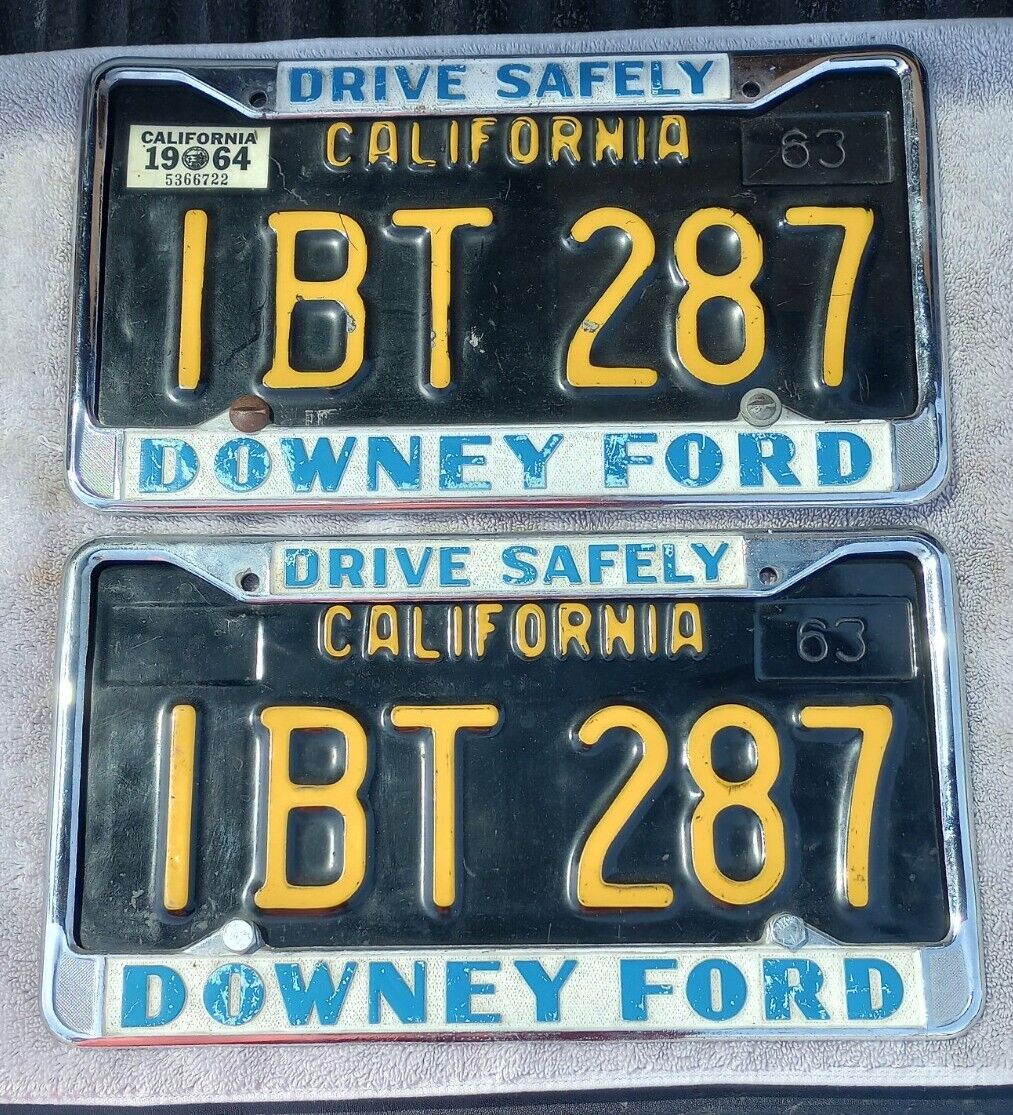 Very Nice 1963 Black California License Plate Pair W/ Downey, Calif Frames.