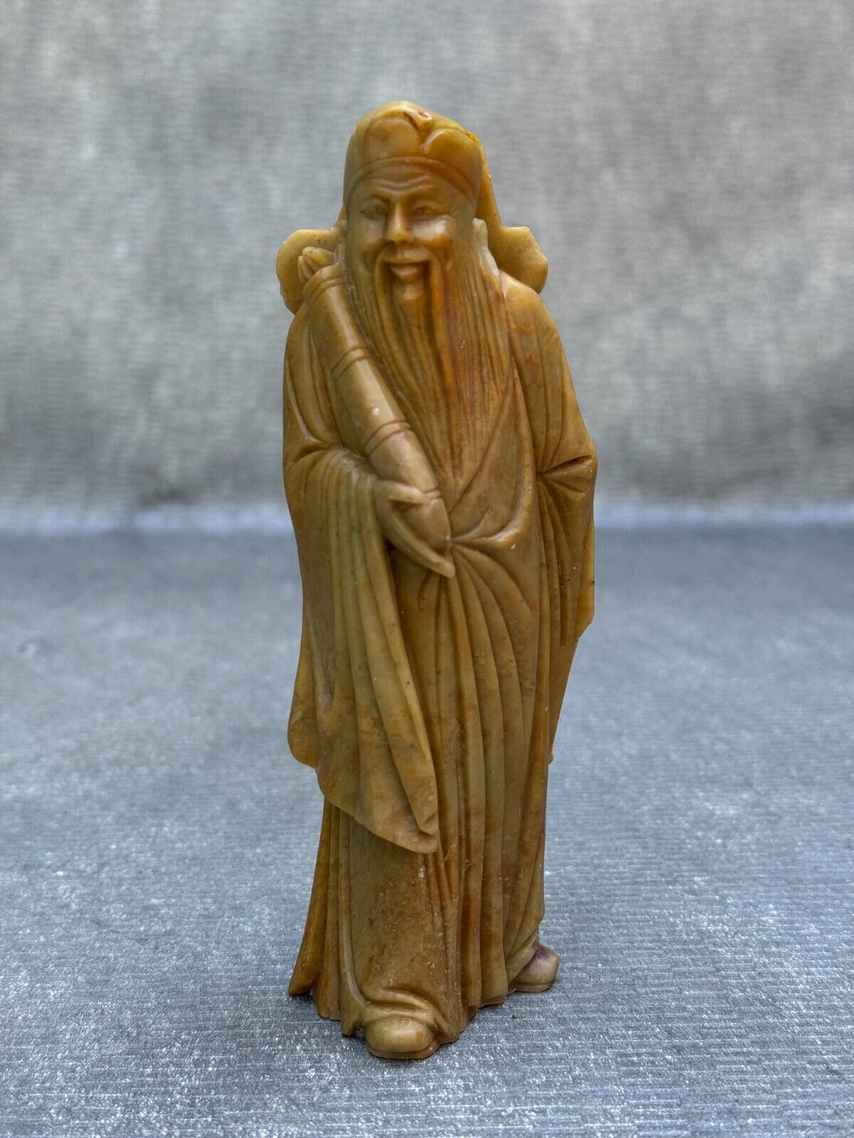 WISE OLD CHINESE MAN SCROLL CARVING ASIAN SOAPSTONE MARBLE SCULPTURE FIGURINE