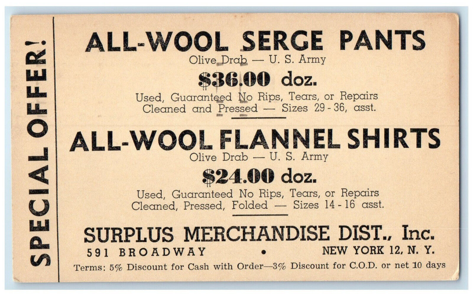 1948 Surplus Merchandise Dist. Inc All Wool Items New York NY Postal Card
