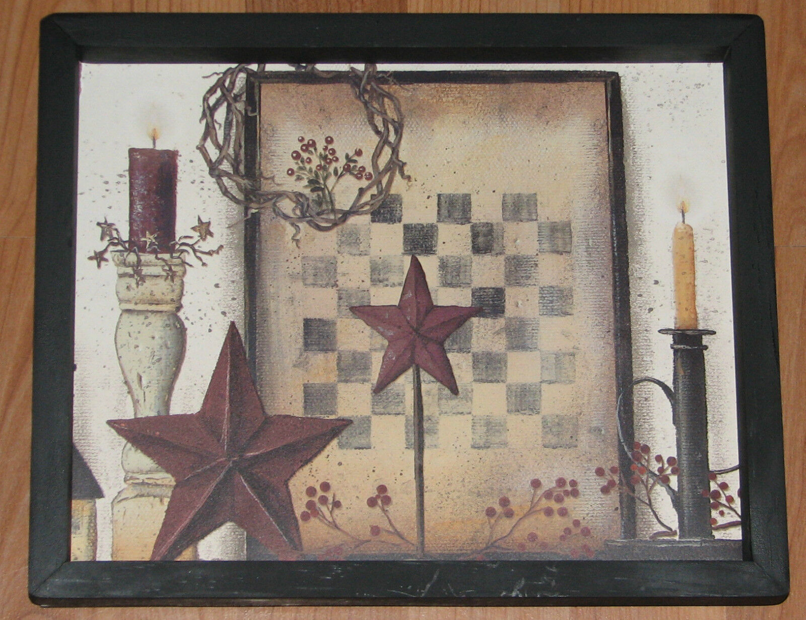 Primitive Country Checker board Barn Star Berries Candles  wall decor 9X 11