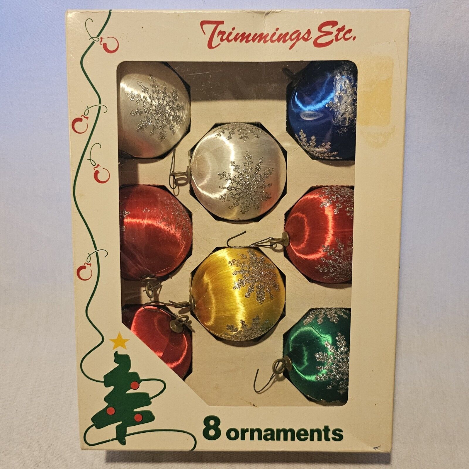 Vintage Set of 8 Rauch Multicolor w/Silver Snowflake Satin Ornaments w/Box EUC