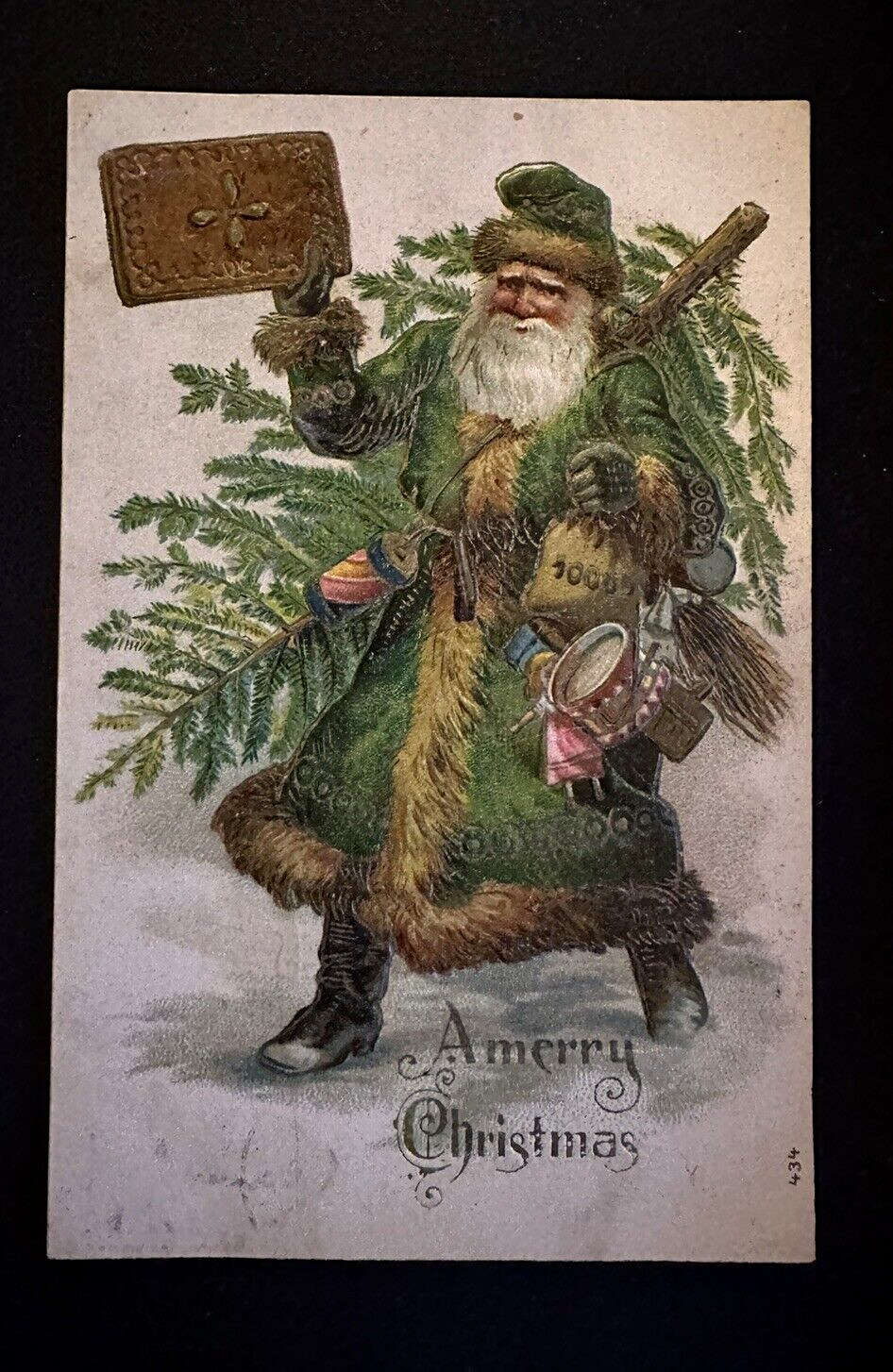 Long Green Robe Santa Claus with Tree~Toys~Antique Christmas Postcard~h799